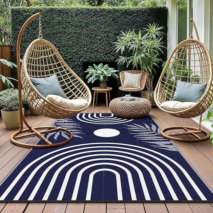 GENIMO Outdoor Rug 5' x 8' Waterproof for Patio Clearance, Reversible Plastic Straw Camping Carpet, Lightweight Rugs Mats for Rv, Backyard, Deck, Porch, Picnic, Balcony, Mix-Blue & White