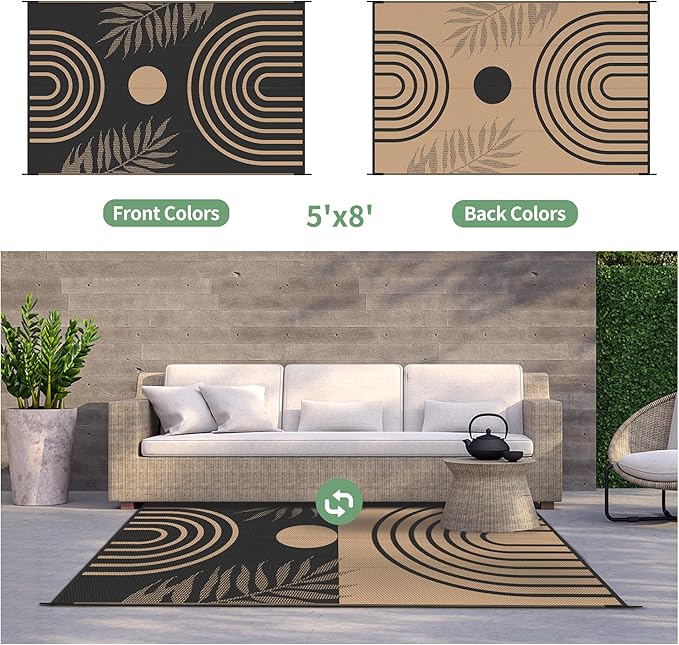 GENIMO Outdoor Rug 5' x 8' Waterproof for Patios Clearance, Reversible Outdoor Plastic Straw Camping Rug Carpet, Large Area Rugs Mats for RV, Camper, Deck, Balcony, Porch, Beach, Picnic, Black&Brown