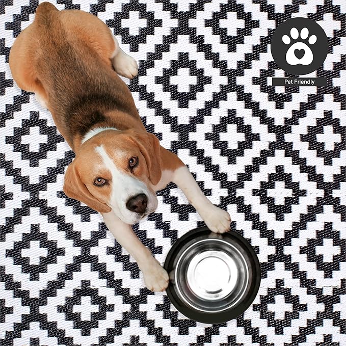 FH Home Outdoor Camping Rug - Waterproof, Fade Resistant, Reversible - Premium Recycled Plastic - Geometric - Picnic, Patio, Deck, Sunroom, RV - Aztec - Black & White - 4 x 6 ft Foldable