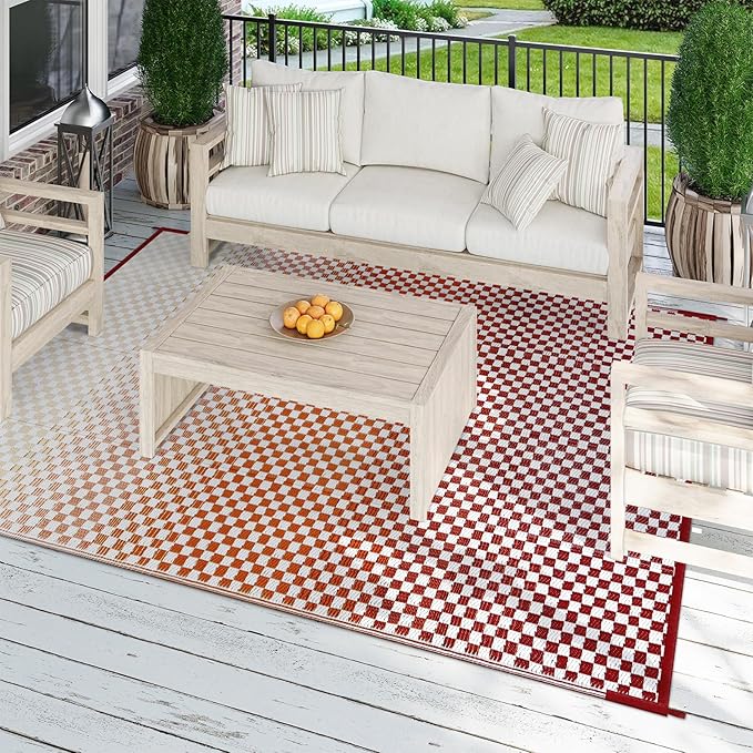 Wonnitar Waterproof 8x10 Outdoor Rug - Orange Red Ombre Checkered Patio Rug, Large Reversible Outside Mat for RV Deck Balcony, Lightweight Colorful Outdoor Camping Carpet