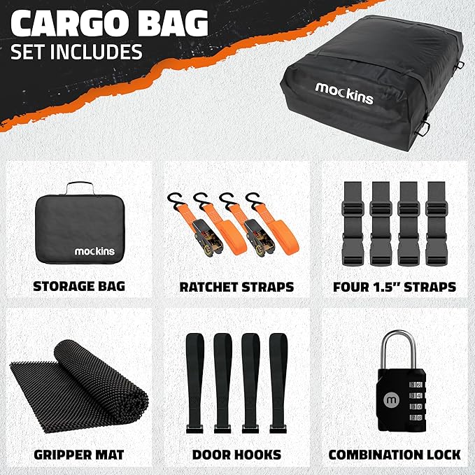 Mockins 16 Cu.Ft. Heavy Duty Car Roof Bag 45"x34"x18" | Works with or Without Roof Rack | Great for Road Trip Vacations, Camping Adventures & More | Set Includes Roof Mat, Lock, Hooks & Straps
