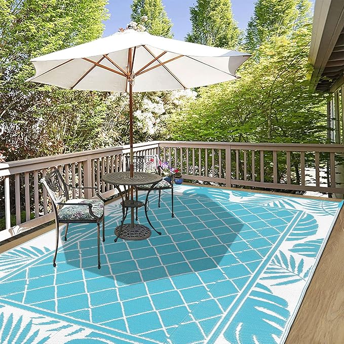 Ileading Outdoor Rug Carpet for Patio 6' x9' Waterproof Reversible Plastic Straw Rug Portable Outside Area Rug Camping Mat for Patio, Clearance, Balcony, Picnic, Pool, Beach, RV, Deck, Leaf Teal