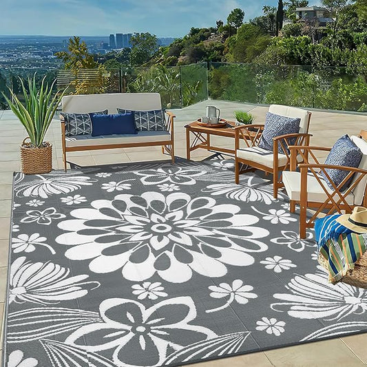 Ileading Outdoor Plastic Straw Rug 8x10ft Funny Floral Style Reversible Patio Area Rugs Waterproof Non Shedding Portable Carpets for Rv Outside Deck Pool Beach Picnic Camping (Grey)