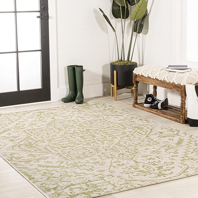 JONATHAN Y SMB105E-3 Estrella Bohemian Medallion Textured Weave Indoor Outdoor Area Rug, Coastal Traditional Transitional Easy Cleaning,Bedroom,Kitchen,Backyard,Patio,Non Shedding 3 X 5, Cream/Green