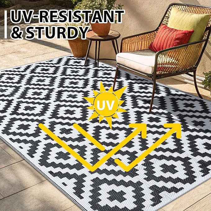 Smiry Waterproof Outdoor Rug 8x10 ft, Reversible Plastic Straw Patio Camping Rugs, Outdoor Indoor RV Mat Carpet for Patio, Outside Entry, Backyard, Deck, Bench, Picnic, Camper, Black & White
