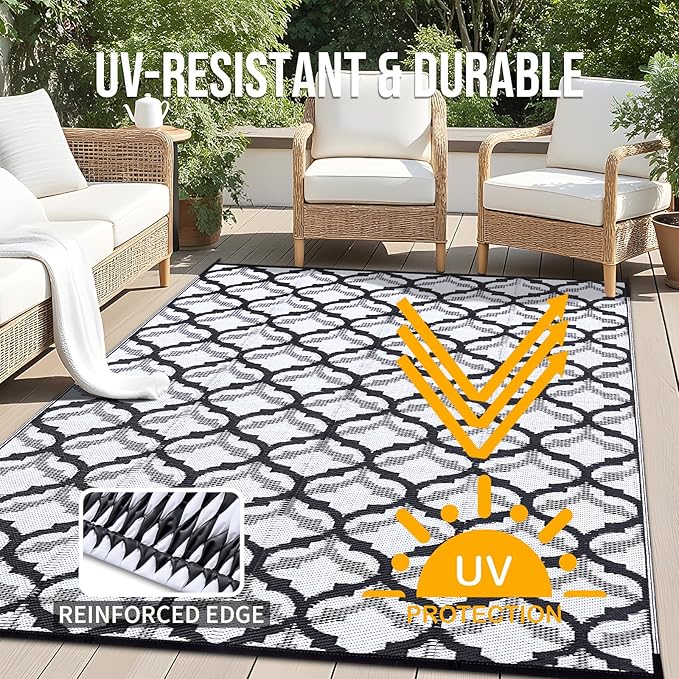 OLANLY Reversible Outdoor Rug 6x9 ft Clearance, Waterproof Outdoor Plastic Straw Rug with Interlacing Pattern, RV Mat for Patio, Camping, Balcony, Deck, Backyard, Black & White
