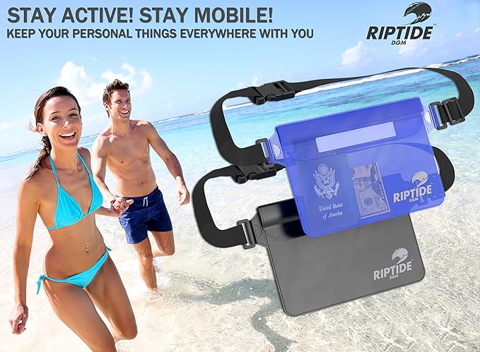 riptide Waterproof Fanny Pack Pouch (2 Pack) for Men & Women Dry Bag Water Resistant with Adjustable Waist Strap - Protects Valuables at Water Sports (Black/Transparrent & Sheer Pink)