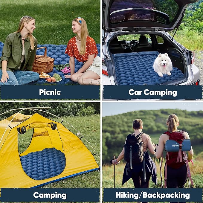 POWERLIX Double Sleeping Pad Camping Pads for 2 Person with Pillow, Built-in Foot Pump Inflatable Sleeping Mat for Backpacking, Hiking, Traveling, Outdoor, Portable Tent Camping Mattress