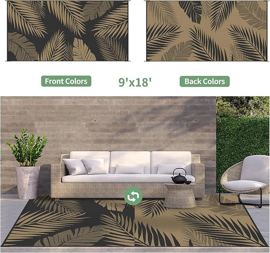 GENIMO Outdoor Rug 9' x 18' Waterproof for Patios Clearance, Reversible Outdoor Plastic Straw Camping Rug Carpet, Large Area Rugs Mats for RV, Camper, Deck, Balcony, Porch, Beach, Picnic, Black&Brown