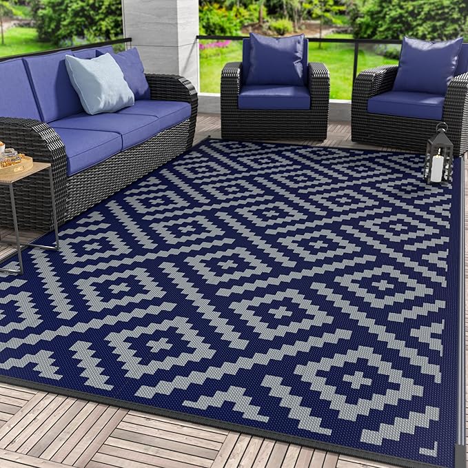 GENIMO Outdoor Rug for Patio Clearance, 5'x8' Waterproof Camping Mat, Reversible Plastic Straw Rugs for RV, Camper, Balcony, Backyard, Picnic, Deck (Blue & Grey)