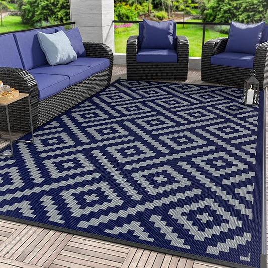 GENIMO Outdoor Rug for Patio Clearance, 5'x8' Waterproof Camping Mat, Reversible Plastic Straw Rugs for RV, Camper, Balcony, Backyard, Picnic, Deck (Blue & Grey)