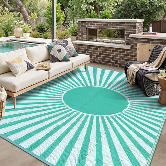 Wonnitar Waterproof 9x12 Outdoor Rug - Outdoor Plastic Straw Rug for Patio, Lightweight Extra Large RV Outside Camping Carpet, Portable Mat for Garden Balcony Beach (Blue-Green, 9'x12')
