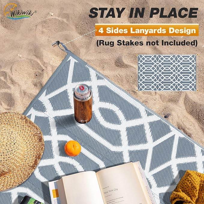 wikiwiki Outdoor Rug, 5x8ft Waterproof Reversible Mat Indoor Outdoor Rugs Carpet, Small Area Rug Plastic Straw Rug for Patio Deck Balcony Pool RV Camping Beach Picnic, Grey, Rugscape Series
