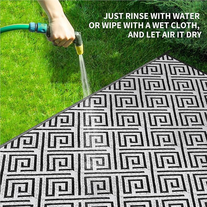 Outdoor Patio Plastic Straw Rug - 5'x8' Outdoor Camping Rug Waterproof Reversible, Area Carpet Patios Clearance RV, Outside Porch Balcony Deck for Camper, Stripe Black & White