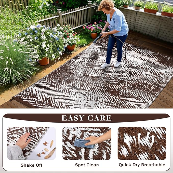 Outdoor Patio Rugs 4x6, Waterproof Reversible Outdoor Plastic Straw Rug Brown, RV Camping Mats UV-Resistant Outside Carpet Portable Area Mat for Garden Balcony Deck Picnic Beach Porch