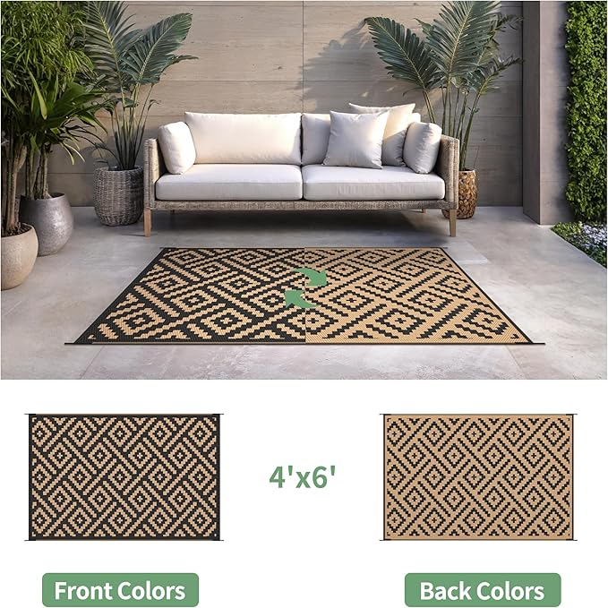 Outdoor Rug for Patio - Waterproof Plastic Straw Camping Rugs 4x6 ft, Reversible Outdoor Indoor RV Mat Carpet for Patio, Porch, Deck, Balcony, Picnic, Beach, Black Brown