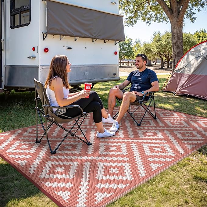 GENIMO Outdoor Rug for Patio Clearance, 6'x9' Reversible Plastic Straw Rugs, Lightweight Waterproof RV Camping Mat for Camper, Balcony, Deck, Backyard, Picnic, Brickred