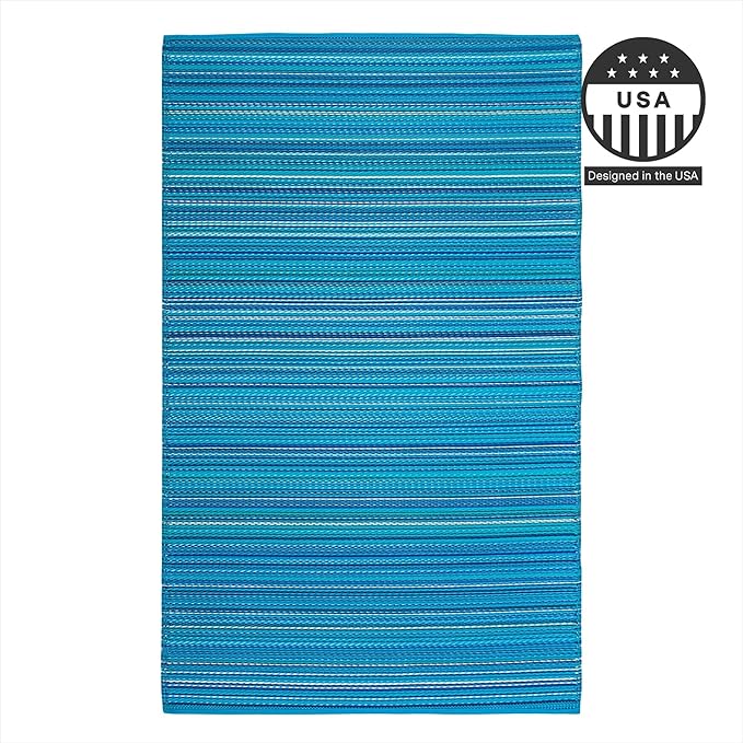 FH Home Outdoor Rug - Waterproof, Fade Resistant, Reversible - Premium Recycled Plastic - Striped - Porch, Deck, Balcony, Mudroom, Laundry Room, Patio - Havana - Turquoise Crease Free - 3 x 5 ft