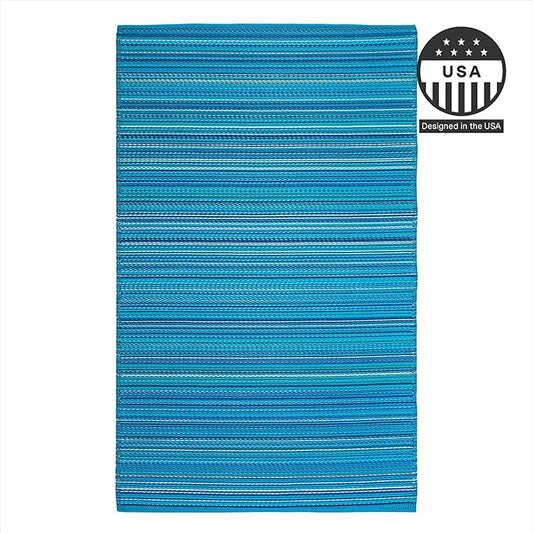 FH Home Outdoor Camping Rug - Waterproof, Fade Resistant, Reversible - Premium Recycled Plastic - Striped - Large Patio, Deck, Sunroom, RV - Havana - Turquoise - 9 x 12 ft Foldable