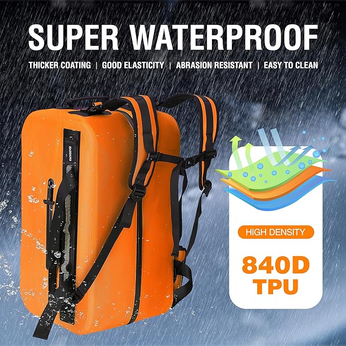50L Waterproof Dry Duffle Bag Dry Backpack 840D TPU Heavy Duty Dry Bag,Rubber Airtight Zipper, for Kayaking,Boating,Motorcycling,Camping,Rafting,Surfing, Swimming,Fishing,Orange