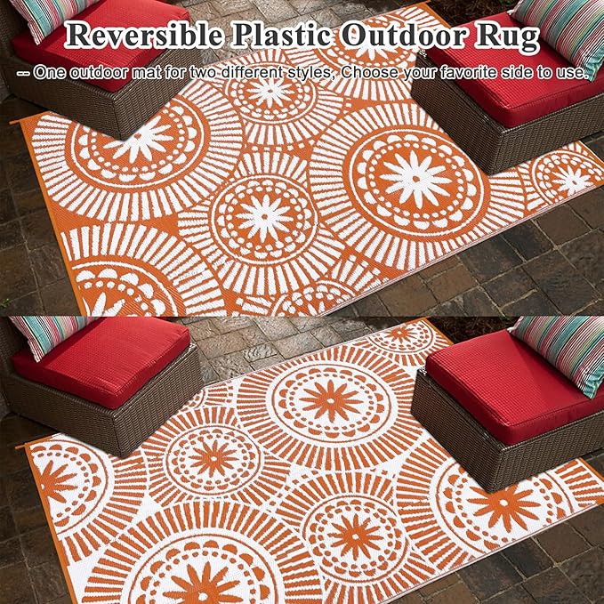 Ileading Outdoor Plastic Straw Rug 6x9ft Modern Geometric Style Reversible Patio Area Rugs Waterproof Non Shedding Portable Carpets for Rv Outside Deck Pool Beach Picnic Camping (Orange)