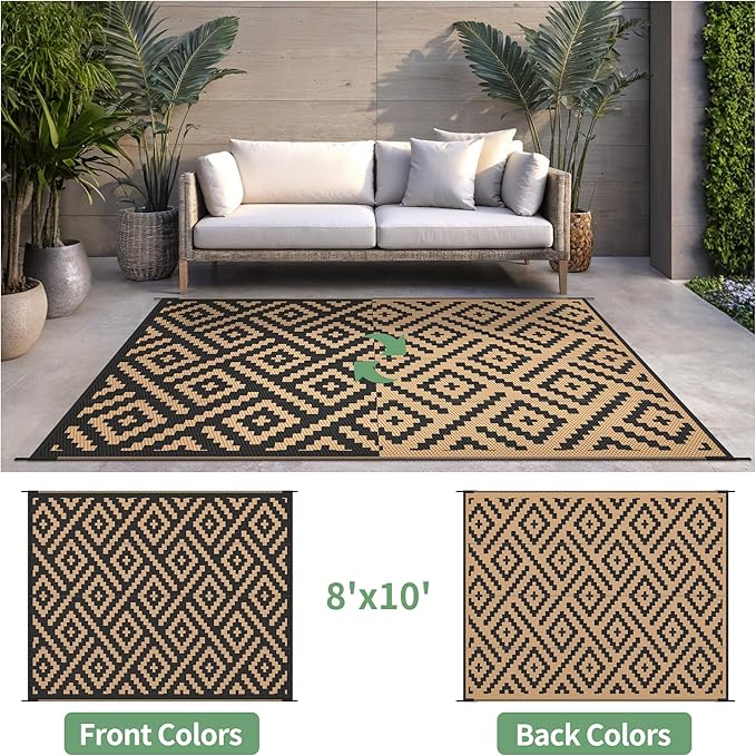 Outdoor Rug for Patio - Waterproof Plastic Straw Camping Rugs 8x10 ft, Reversible Outdoor Indoor RV Mat Carpet for Patio, Porch, Deck, Balcony, Picnic, Beach, Black Brown