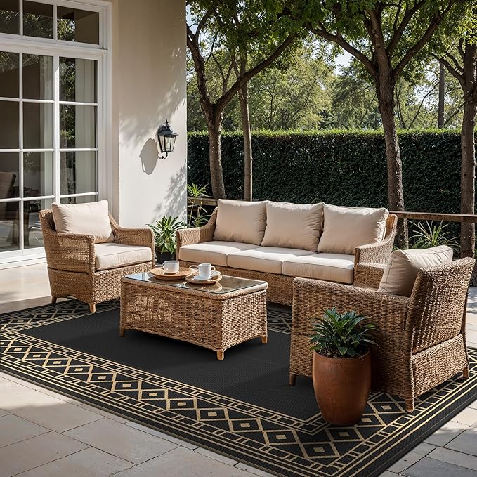 GENIMO Outdoor Rug Waterproof 10'x14' for Patio, Foldable Reversible Plastic Straw Carpet for Travel Trailers, Outside Area Mat for Rv, Deck, Picnic, Porch, Camper, Balcony, Beach, Black & Brown