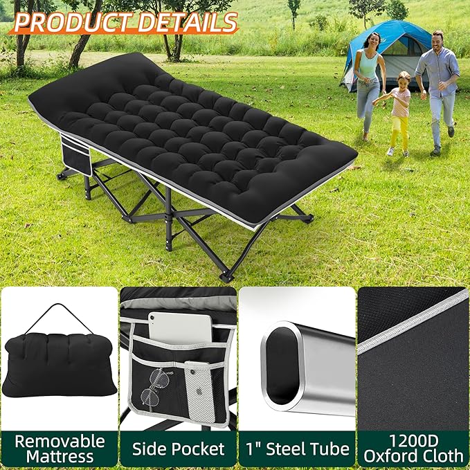 Portable Camping Cot, 32" Extra Wide Camping Cots for Adults with Thick Mattress, Heavy Duty Sleeping Cot Holds Up to 600LBS, Cots for Sleeping, Rv, Beach, Patio, Office Naps(Black)