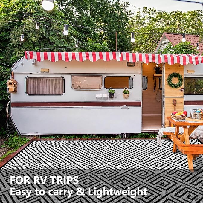 Outdoor Patio Plastic Straw Rug - 8'x10' Outdoor Camping Rug Waterproof Reversible, Area Carpet Patios Clearance RV, Outside Porch Balcony Deck for Camper, Stripe Black & White