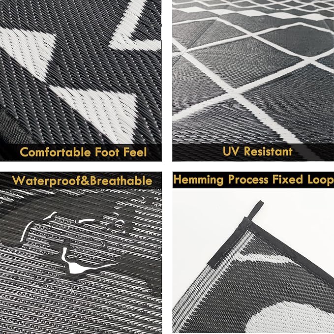RURALITY Outdoor Rugs 9x12 for Patios Clearance,Large Waterproof Rug for Deck,Backyard,Balcony,Plastic Straw Mats for Camping,Reversible,Geometric
