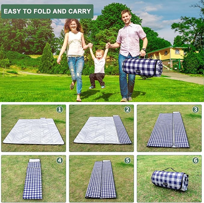 Picnic Blankets Outdoor Blanket Waterproof, 80''x80'' Extra Large Beach Blanket Sandproof Foldable Machine Washable, Vintage Gingham Picnic Mat Grass Lawn Park Family Camping Party Music Festival