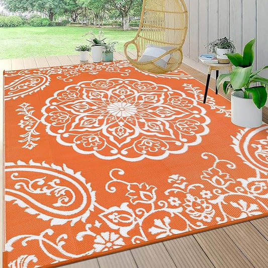 Pauwer Waterproof Outdoor Rug 6x9, Reversible Plastic Straw Patio Camping Rug, Indoor Outdoor RV Mat Carpet for Deck, Camper, Porch, Balcony, Backyard, Picnic, Boho Orange