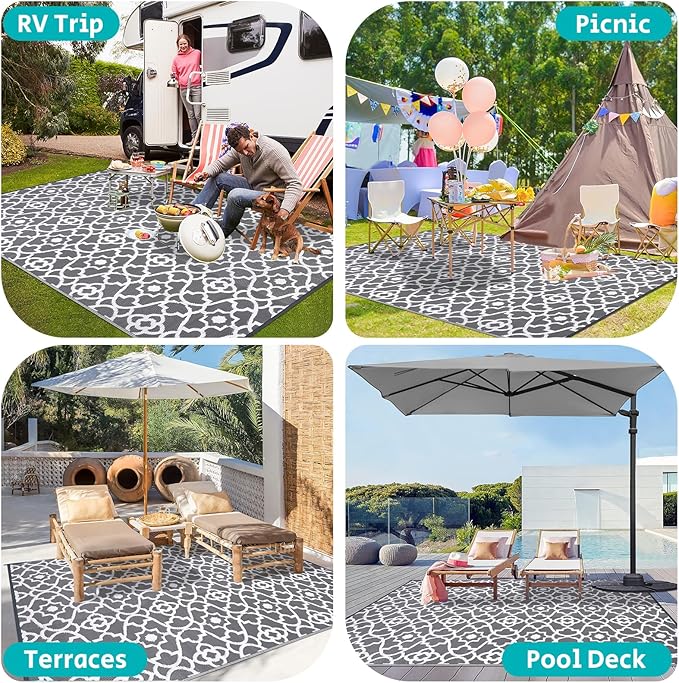 HEBE Outdoor Rug 9'x12' for Patios Waterproof Clearance Reversible Patio Mat Plastic Straw Rug RV Camping Mat Outside Area Rug Carpet for Camping RV,Porch,Deck,Balcony,Camper,Backyard