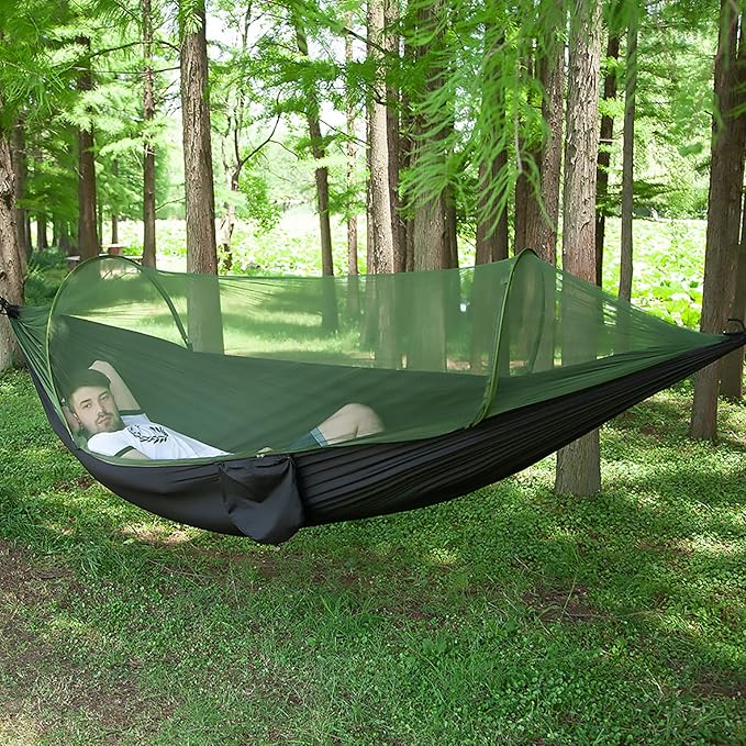 LFL Portable Camping Hammock with Mosquito Net, 1 or 2 Person Outdoor Swing Hammock, Nylon Parachute Material, Quick Opening Outside Hammock, Hiking Travel Courtyard (Black)