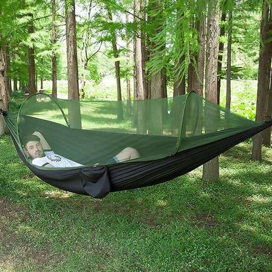 LFL Camping Hammock with Mosquito Net, Hammocks with 13ft Tree Straps Carabiners, Automatic Quick Open Outdoor Portable Hammock, Nylon Parachute Material Outside Hammocks (Black)