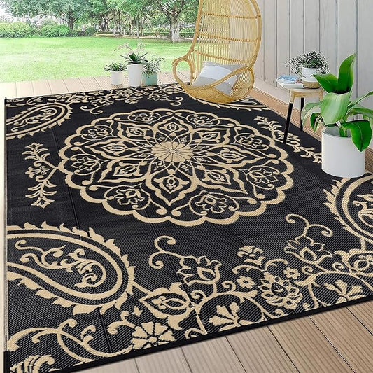 Pauwer Waterproof Outdoor Rug 8x10, Reversible Plastic Straw Patio Camping Rug, Indoor Outdoor RV Mat Carpet for Deck, Camper, Porch, Balcony, Backyard, Picnic, Boho Black Brown