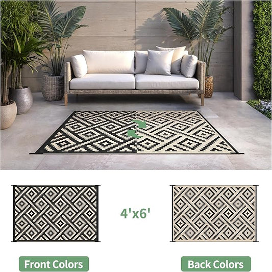 Outdoor Rug for Patio - Waterproof Plastic Straw Camping Rugs 4x6 ft, Reversible Outdoor Indoor RV Mat Carpet for Patio, Porch, Deck, Balcony, Picnic, Beach, Black Beige