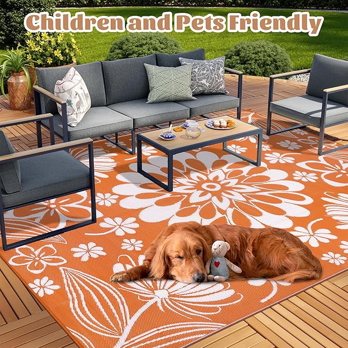 Ileading Outdoor Plastic Straw Rug 8x10ft Funny Floral Style Reversible Patio Area Rugs Waterproof Non Shedding Portable Carpets for Rv Outside Deck Pool Beach Picnic Camping (Orange)