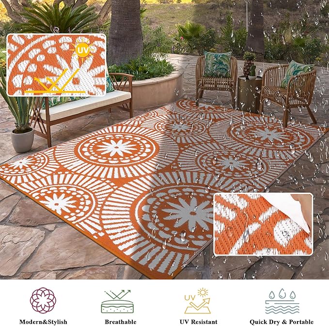 Ileading Outdoor Plastic Straw Rug 5x8ft Modern Geometric Style Reversible Patio Area Rugs Waterproof Non Shedding Portable Carpets for Rv Outside Deck Pool Beach Picnic Camping (Orange)