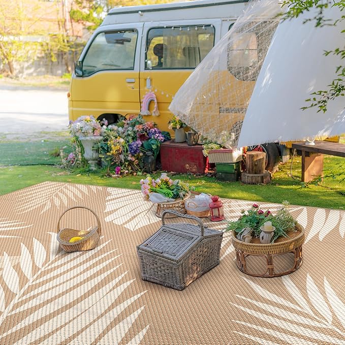 GENIMO Outdoor Rug 10' x 14' Waterproof for Patios Clearance, Reversible Outdoor Plastic Straw Camping Rug Carpet, Large Area Rugs Mats for RV, Camper, Deck, Balcony, Porch, Beach, Brown&Beige