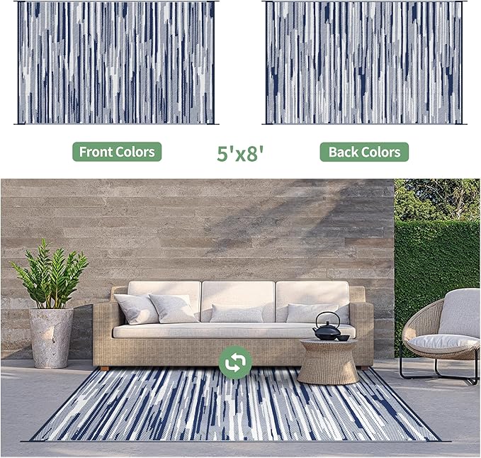 GENIMO Outdoor Rug for Patio Clearance, 5'x8' Waterproof Camping Mat, Reversible Plastic Straw Rugs for RV, Camper, Balcony, Backyard, Picnic, Deck (Blue White)