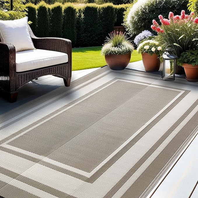 RURALITY Outdoor Rugs 8x10 Waterproof for Patios Clearance,Plastic Straw Mats for Backyard,Porch,Deck,Balcony,Reversible,Geometric
