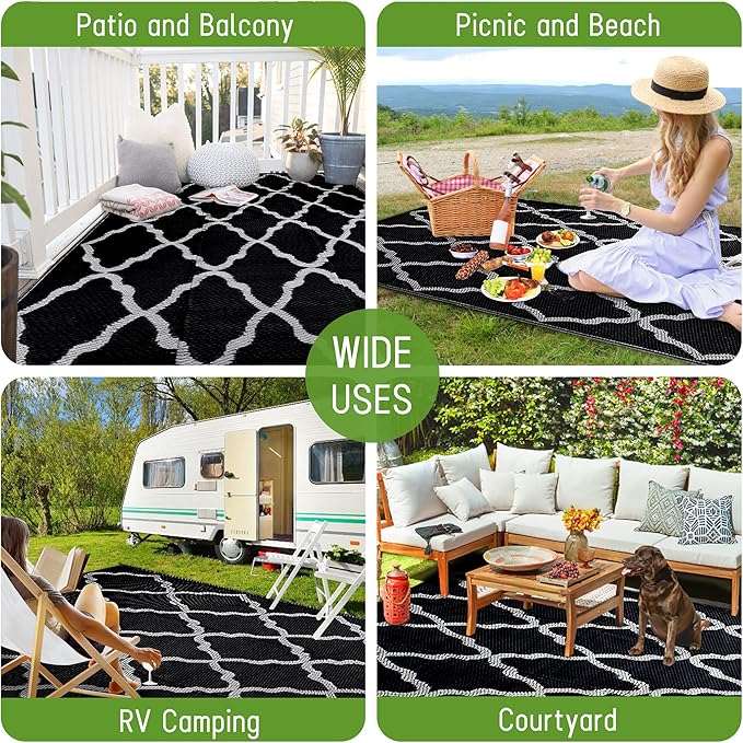 Easy-Going Reversible Outdoor Rugs 5x8ft Waterproof Plastic Straw Rug Stain & UV Resistant Floor Mat for Patio Porch RV Backyard Pool Deck Picnic Beach Trailer Camping (Moroccan Black & Light Grey)
