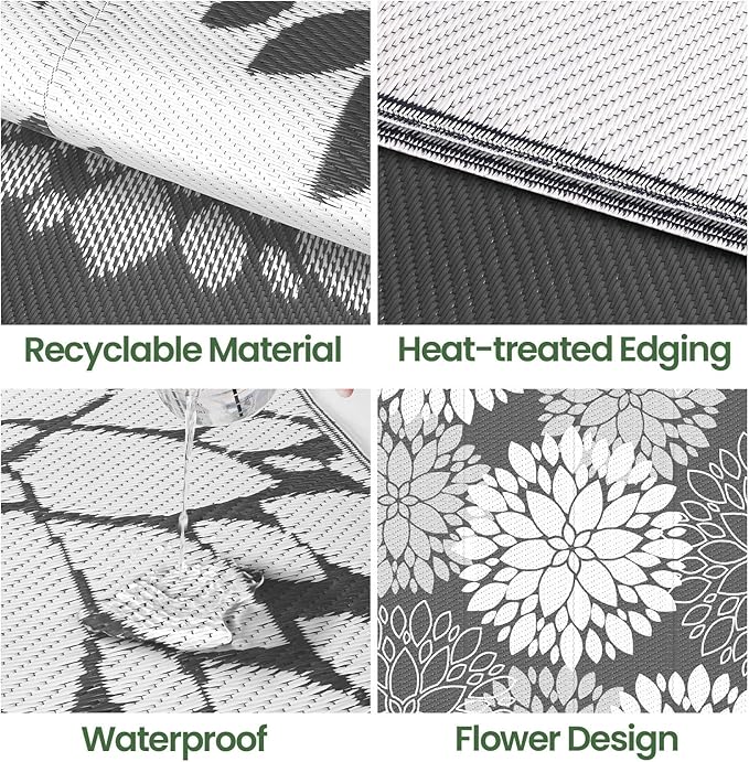 LuxStep Outdoor Rug Waterproof Outdoor Plastic Straw Rug Reversible Patio Rug Mat Outdoor Decor Large Area Mats for RV, Picnic, Backyard, Deck, Balcony, Porch, Beach, Camping, 8' x 10' Grey