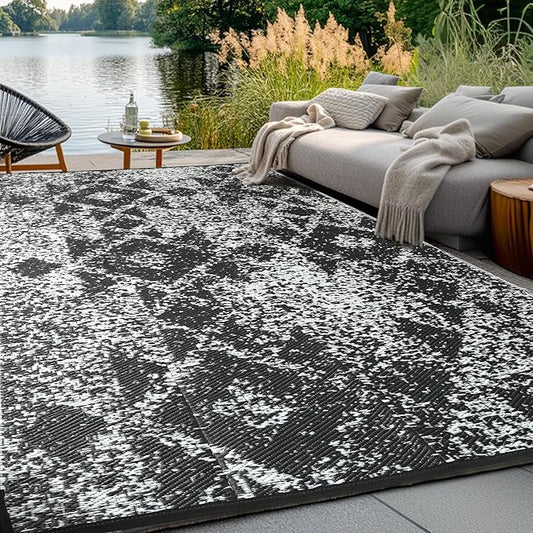 Waterproof Outdoor Rug 5x8 ft, Reversible Plastic Straw Rug, Easy to Clean Patio Rug, Portable Carpet for Patio, RV, Deck, Balcony, Backyard, Picnic, Beach, Mosaic, Gray