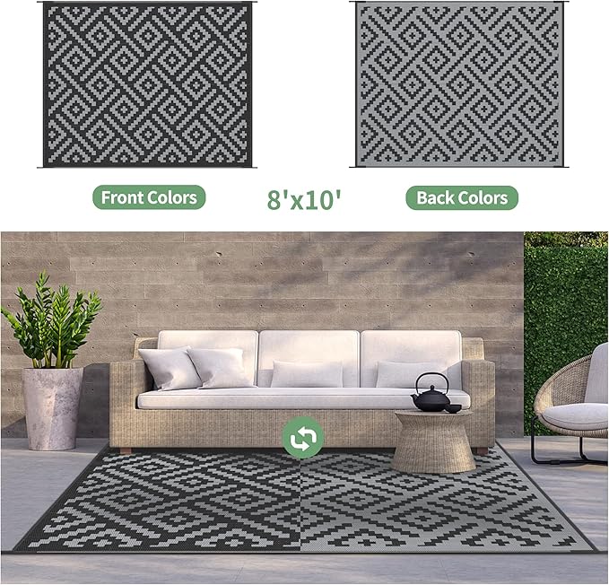 GENIMO Outdoor Rugs 8x10 Waterproof, Reversible Mats, Area Plastic Straw Rug, Outside Carpet, Geometric Rv Mat for Patio Camping Rv Picnic Backyard Deck Balcony Porch Beach Trailer (Black & Grey)