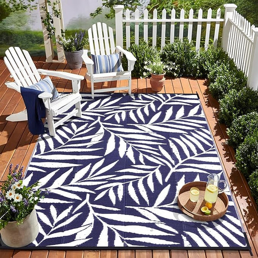 OLANLY Waterproof Outdoor Rug 6x9 ft, Reversible Outdoor Plastic Straw Rug with Leaf Pattern, RV Mat, Indoor Outdoor Carpet for Patio, Camping, Balcony, Deck, Backyard, Navy & White