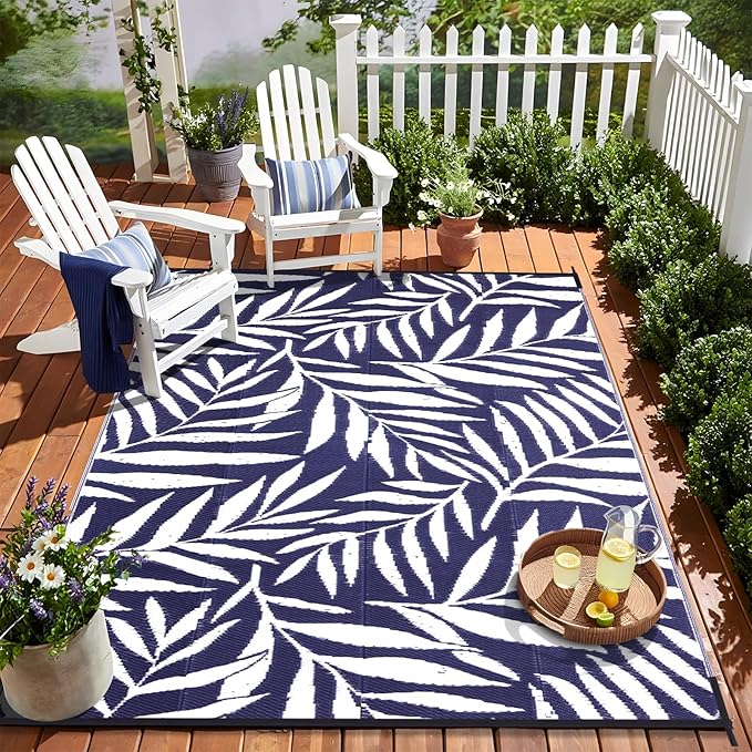OLANLY Waterproof Outdoor Rug 9x12 ft, Reversible Outdoor Plastic Straw Rug with Leaf Pattern, RV Mat, Indoor Outdoor Carpet for Patio, Camping, Balcony, Deck, Backyard, Navy & White