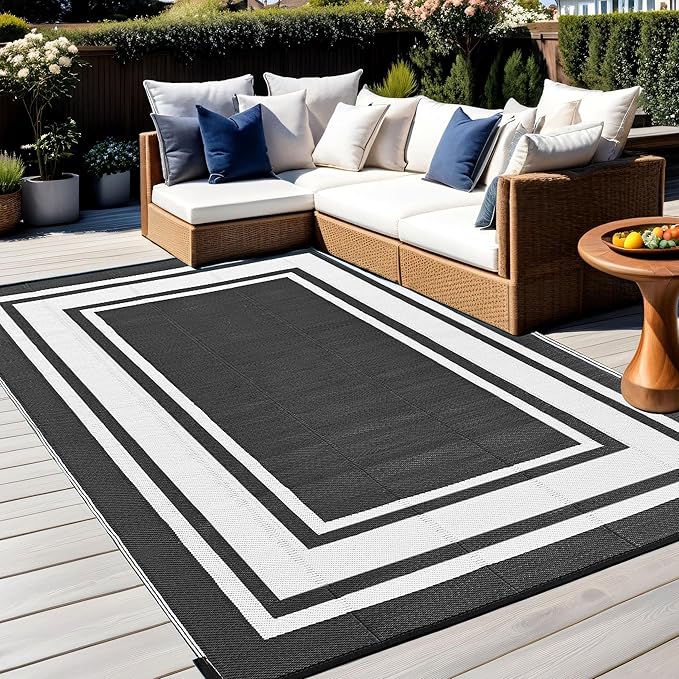 RURALITY Outdoor Rugs 8x10 Waterproof for Patios Clearance,Plastic Straw Mats for Backyard,Porch,Deck,Balcony,Reversible,Black and White
