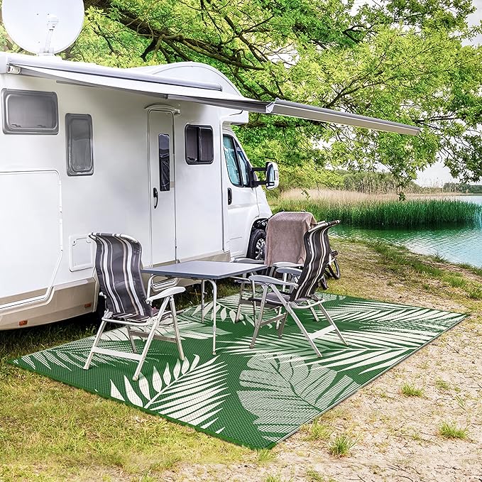 GENIMO Outdoor Rug 6' x 9' Waterproof for Patios Clearance, Reversible Outdoor Plastic Straw Camping Rug Carpet, Large Area Rugs Mats for RV, Picnic, Backyard, Deck, Balcony, Porch, Dark Green&White